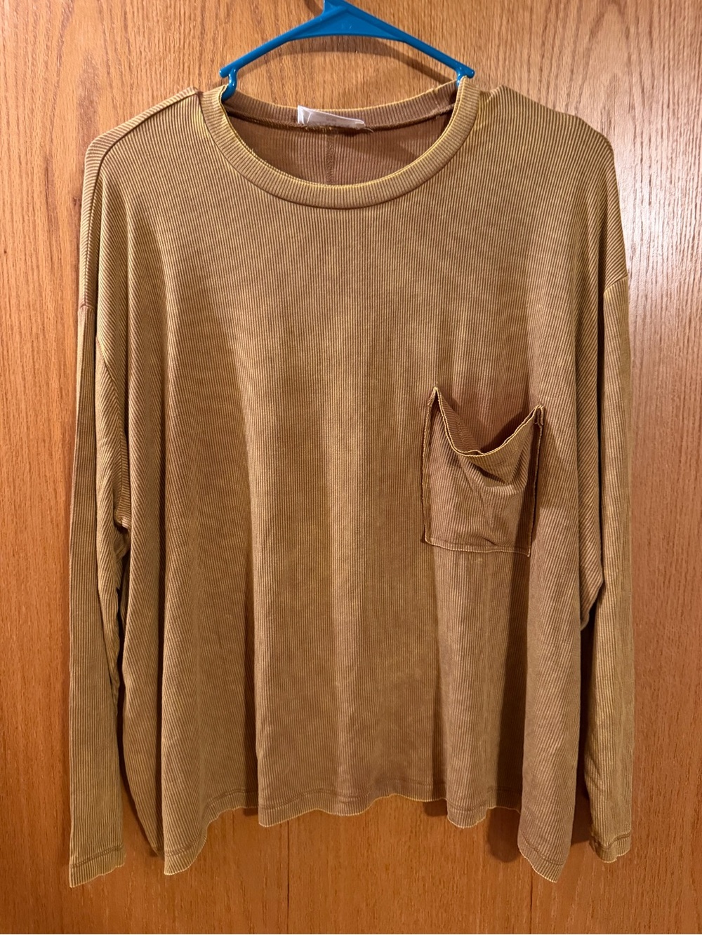 Zenana Outfitters Ribbed Long Sleeve Pocket Tee in Camel Brown